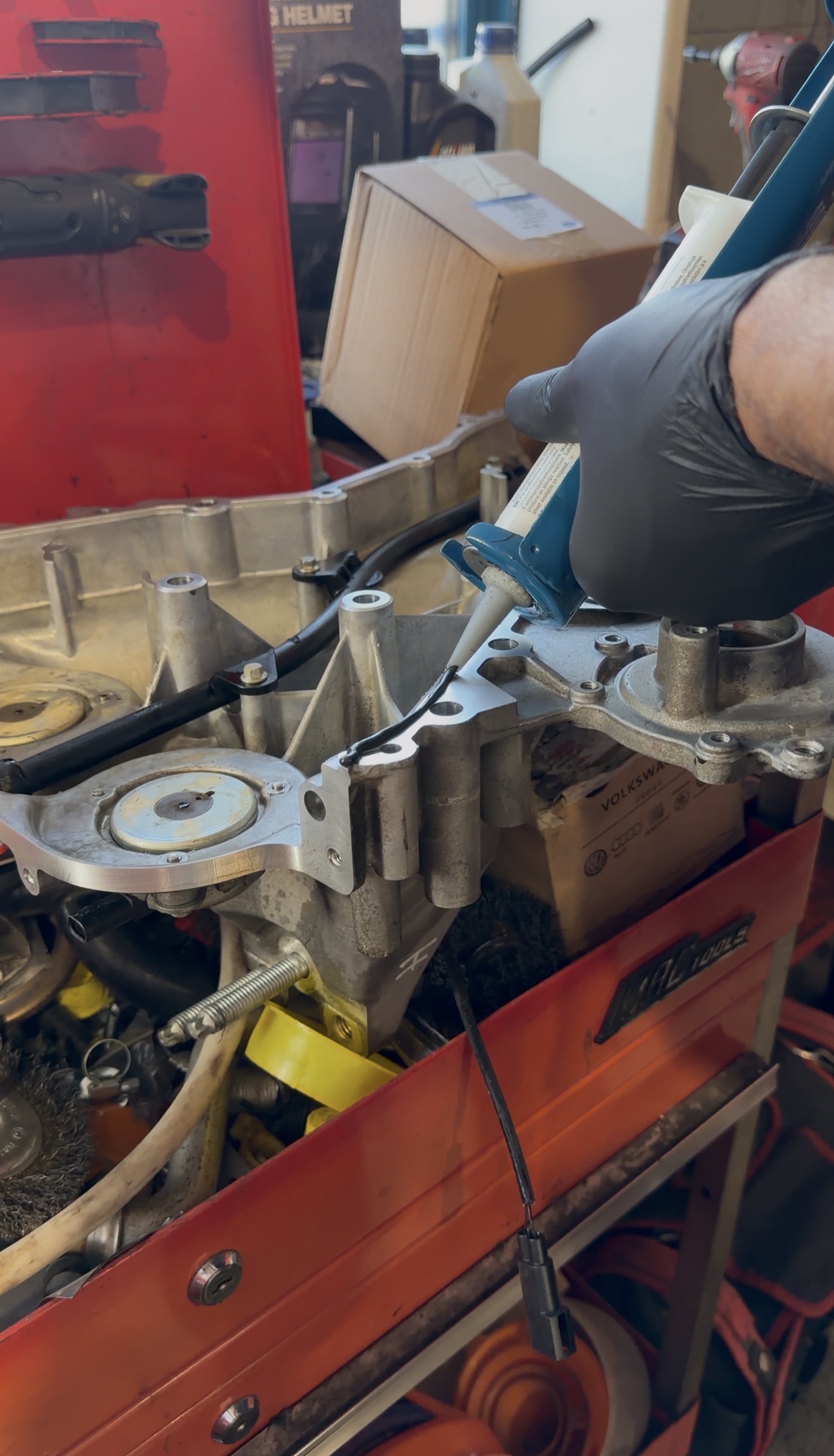 Timing case being re-sealed after PureTech wet belt replacement